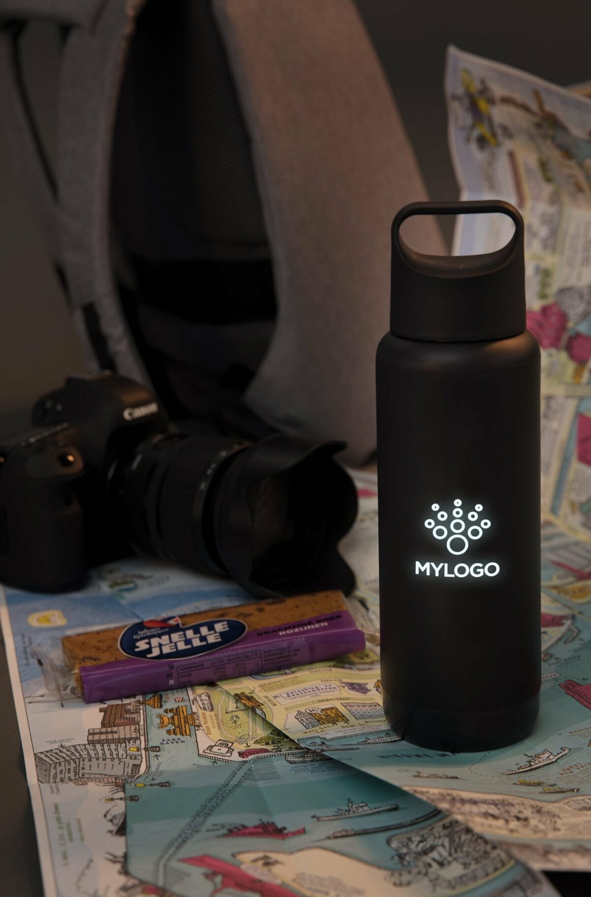 Light-Up Promotional Reusable Drinks Bottle on a Desk