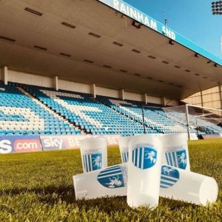 Reusable Full-colour Plastic Cups. Full-Pint Gillingham Football Club Cups on the Pitch