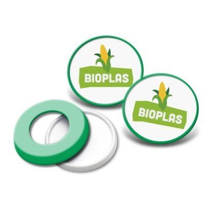 Branded bio-plastic pop badge