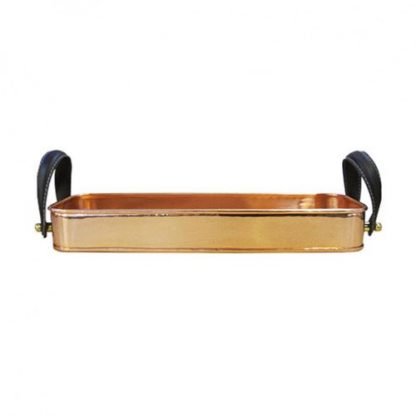 Copper tray with leather look handles