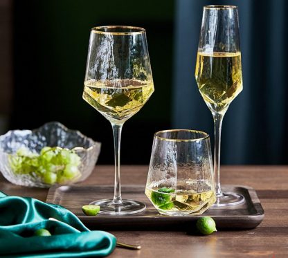 Hexagonal Wine Glass with gold rim
