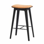 Branded black Oak bar stool with brown leather top with stitching