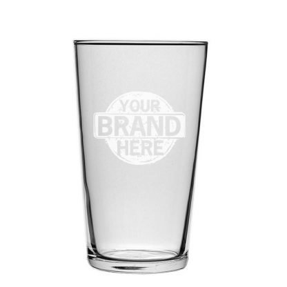 Conical pint cider glass with a custom logo on it