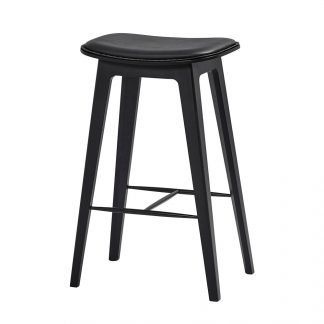 randed black Oak bar stool with black leather top with stitching
