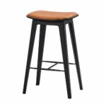 randed black Oak bar stool with whiskey brown leather top with stitching
