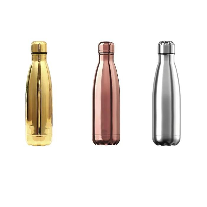 Custom individualised water bottles in gold copper and silver