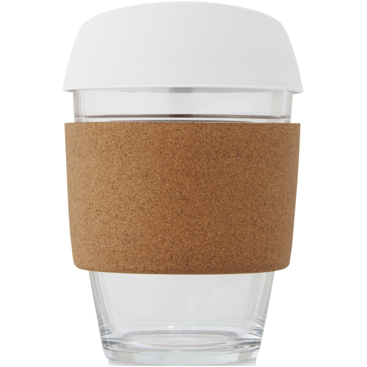 Lidan 360 ml borosilicate glass tumbler with cork grip and silicone lid – White front view