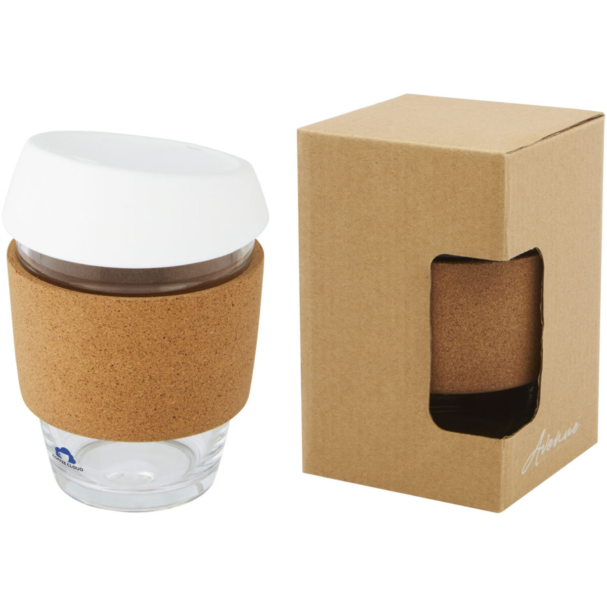 Lidan 360 ml borosilicate glass tumbler with cork grip and silicone lid – White with logo