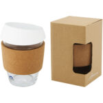 Lidan 360 ml borosilicate glass tumbler with cork grip and silicone lid – White with logo