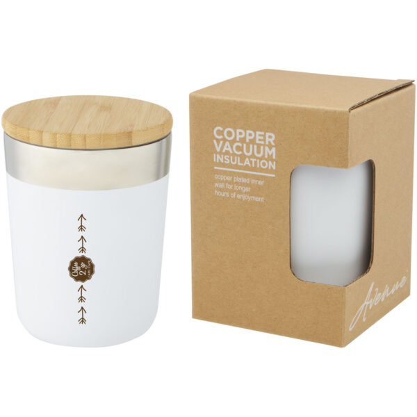 Lagan 330 ml copper vacuum insulated stainless steel tumbler with bamboo lid – White with logo