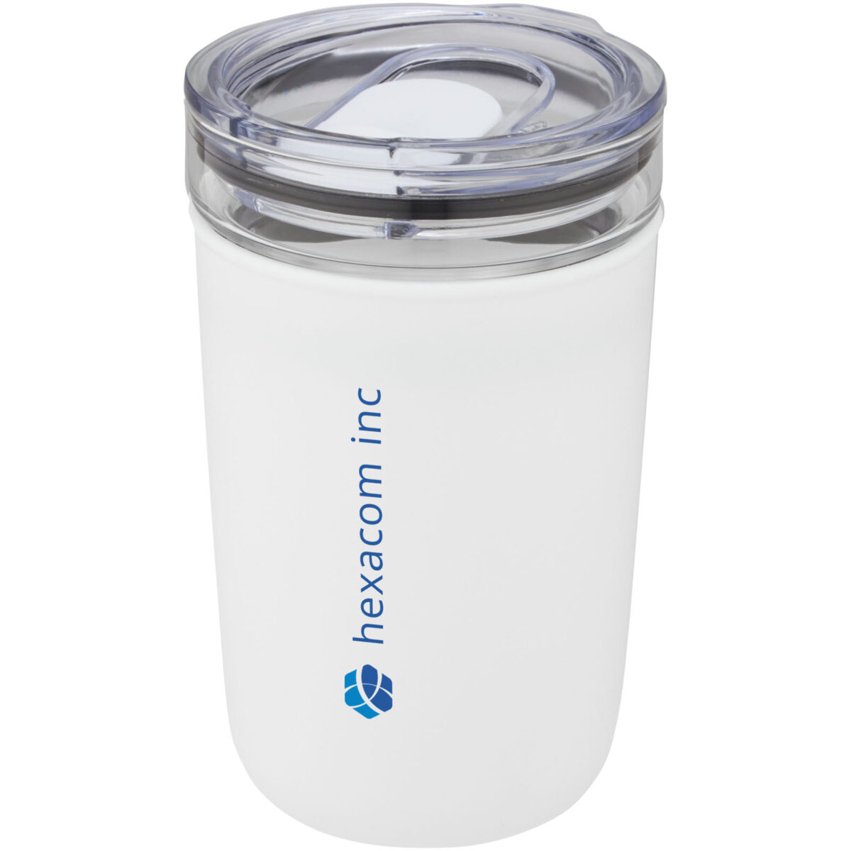 Bello 420 ml glass tumbler with recycled plastic outer wall – White with logo