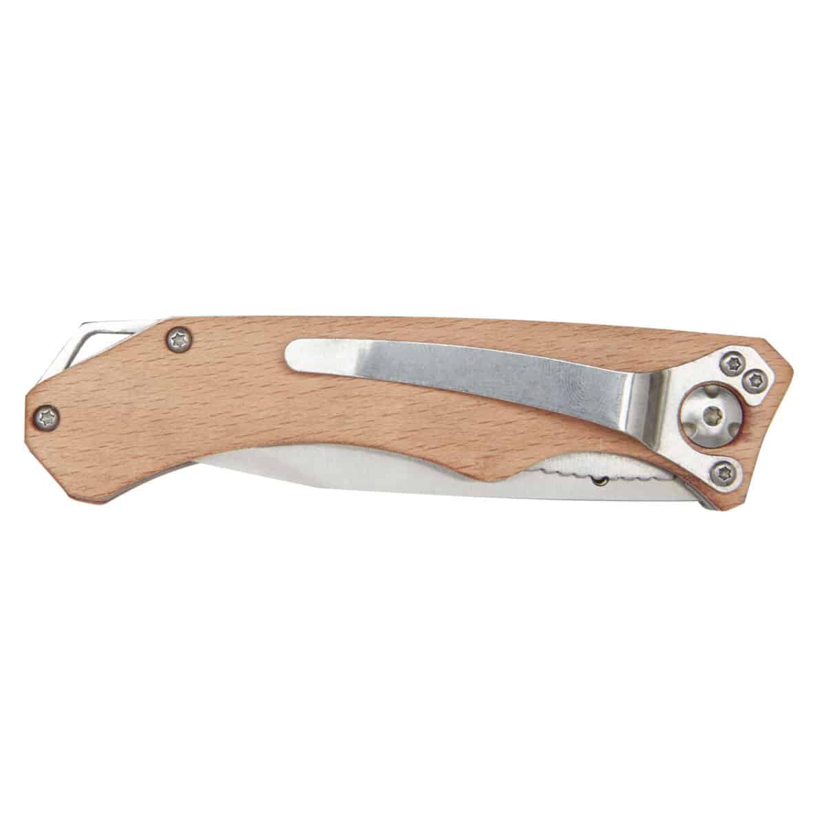 Dave pocket knife with belt clip – Wood back view