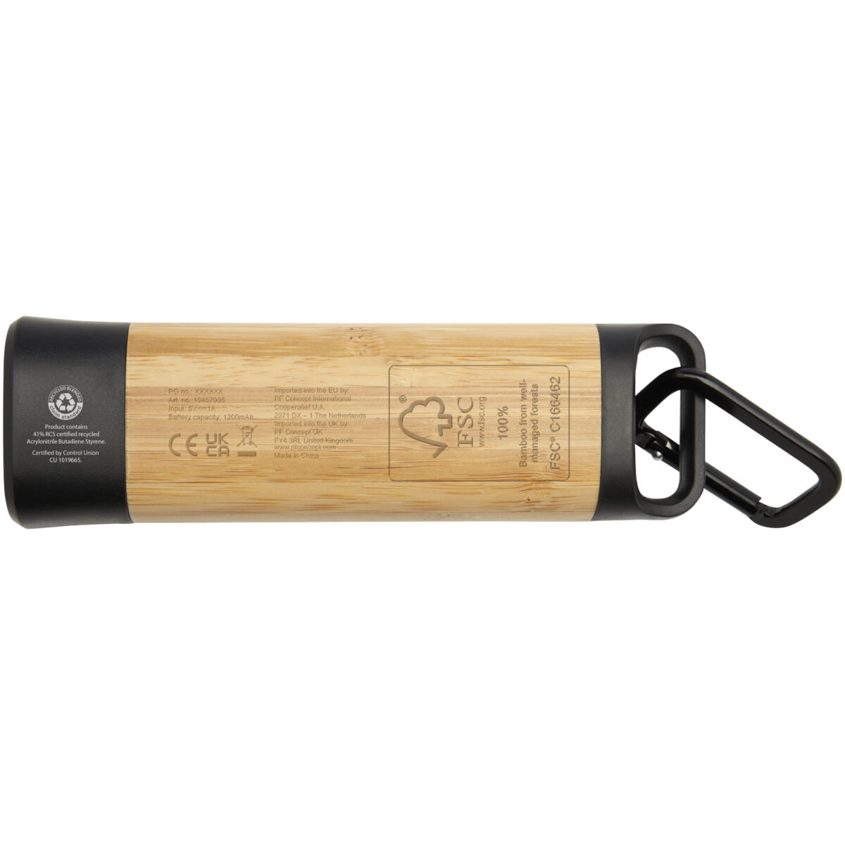 Kuma bamboo/RCS recycled plastic torch with carabiner – Natural back view