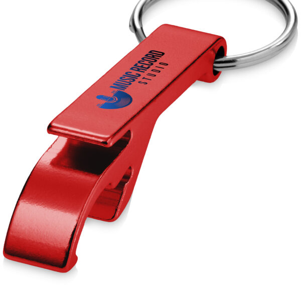 Tao RCS recycled aluminium bottle and can opener with keychain – Red with logo