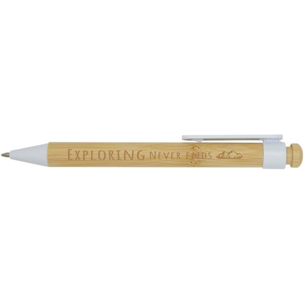 Rattan bamboo and recycled plastic ballpoint pen (black ink) – White with logo