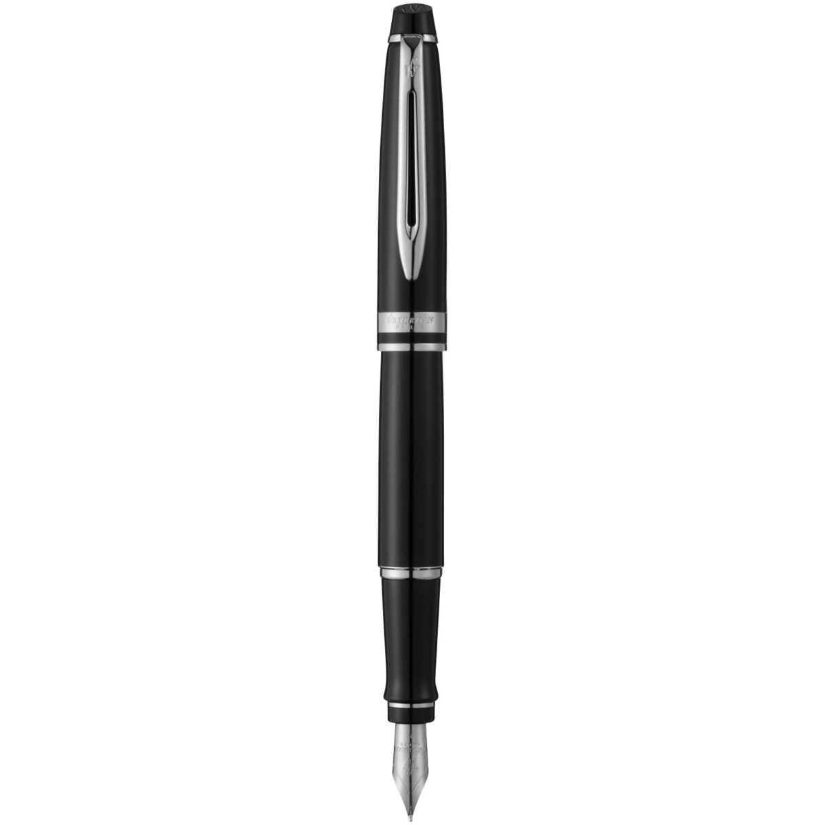 Waterman Expert fountain pen (blue ink) – Solid black front view