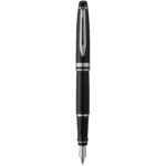 Waterman Expert fountain pen (blue ink) – Solid black front view