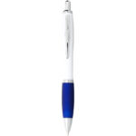 Nash ballpoint pen white barrel and coloured grip (blue ink) – White front view
