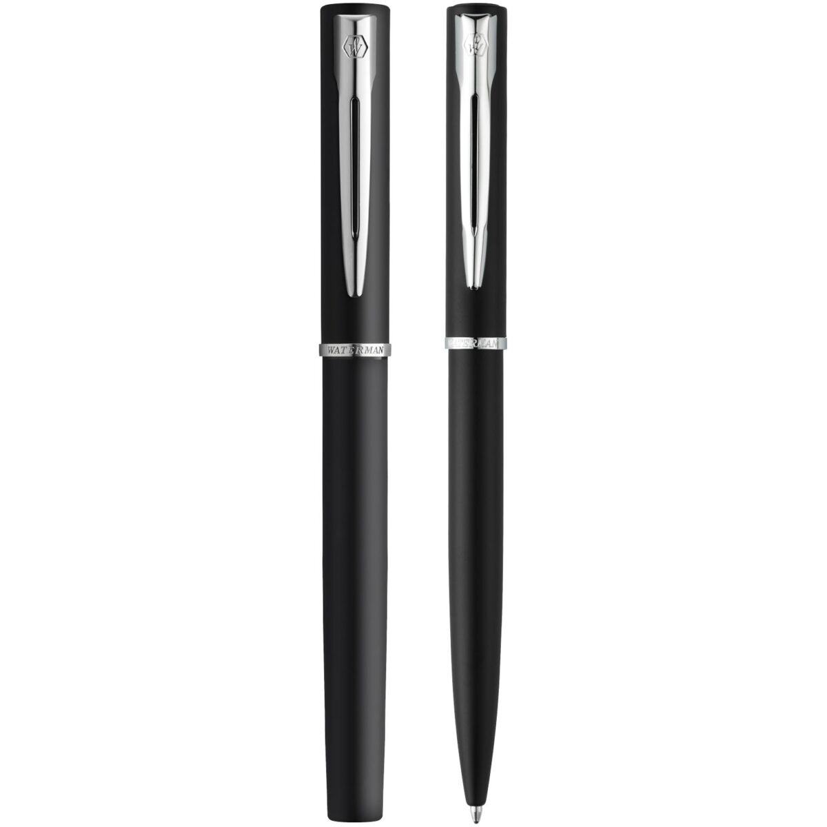 Waterman Allure ballpoint and rollerball pen set (blue ink) – Solid black front view