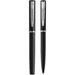 Waterman Allure ballpoint and rollerball pen set (blue ink) – Solid black front view