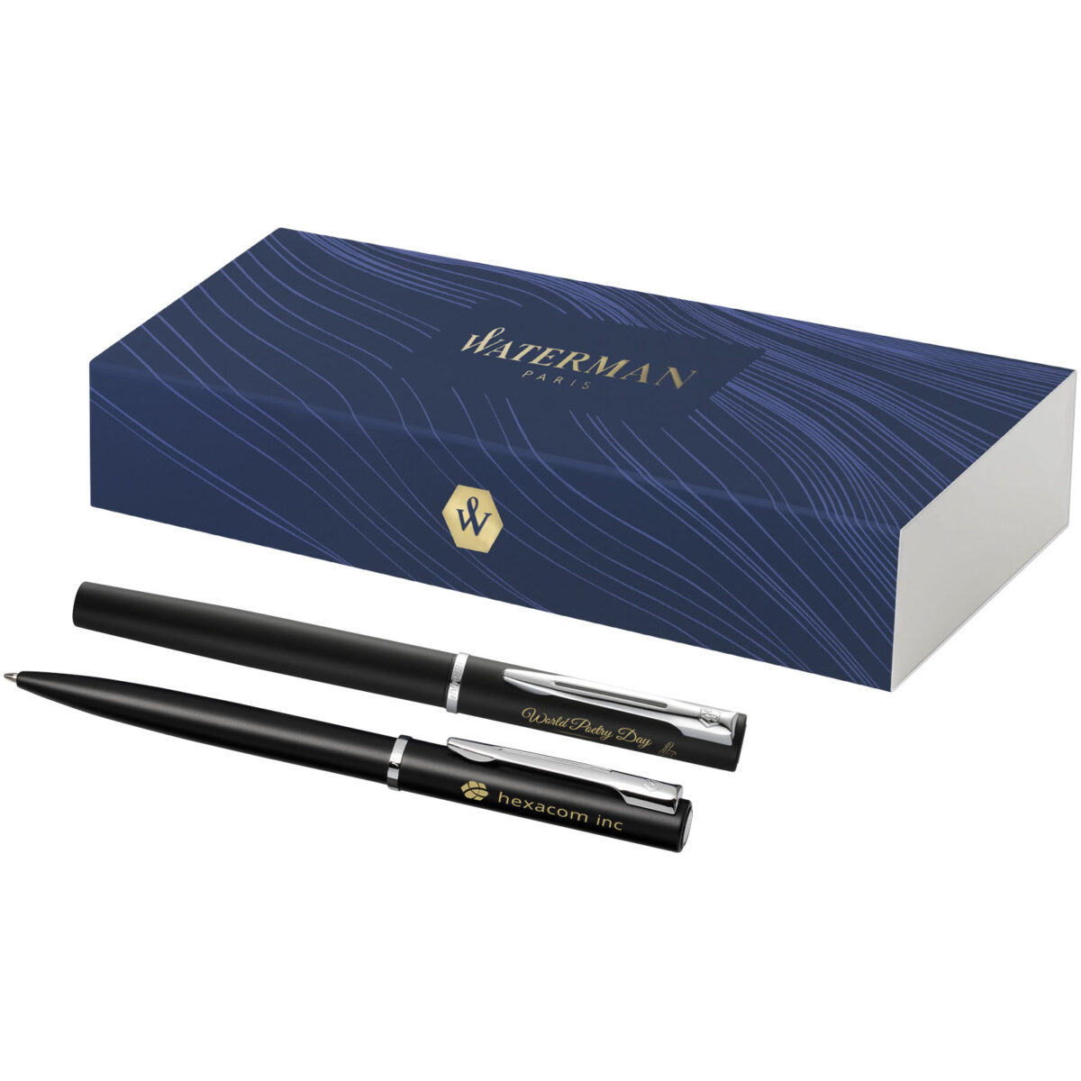 Waterman Allure ballpoint and rollerball pen set (blue ink) – Solid black with logo