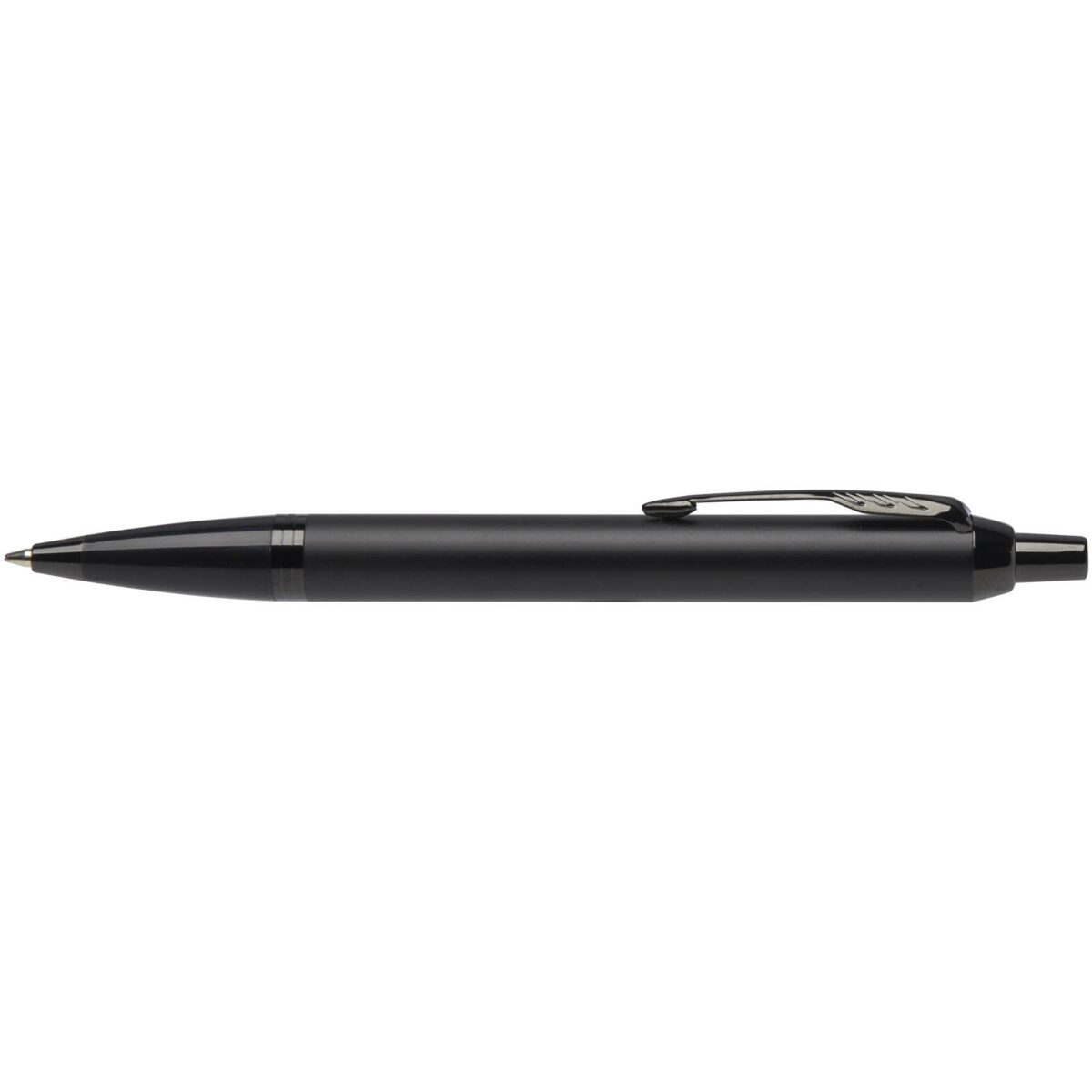 Parker IM achromatic ballpoint and rollerball pen set with gift box (black/blue ink) – Solid black front view