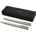 Didimis recycled stainless steel ballpoint and rollerball pen set (black ink) – Silver with logo