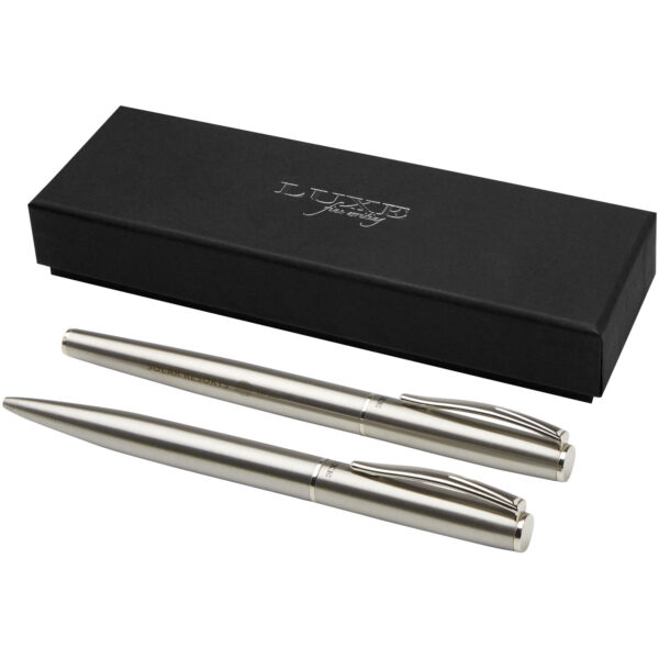 Didimis recycled stainless steel ballpoint and rollerball pen set (black ink) – Silver with logo