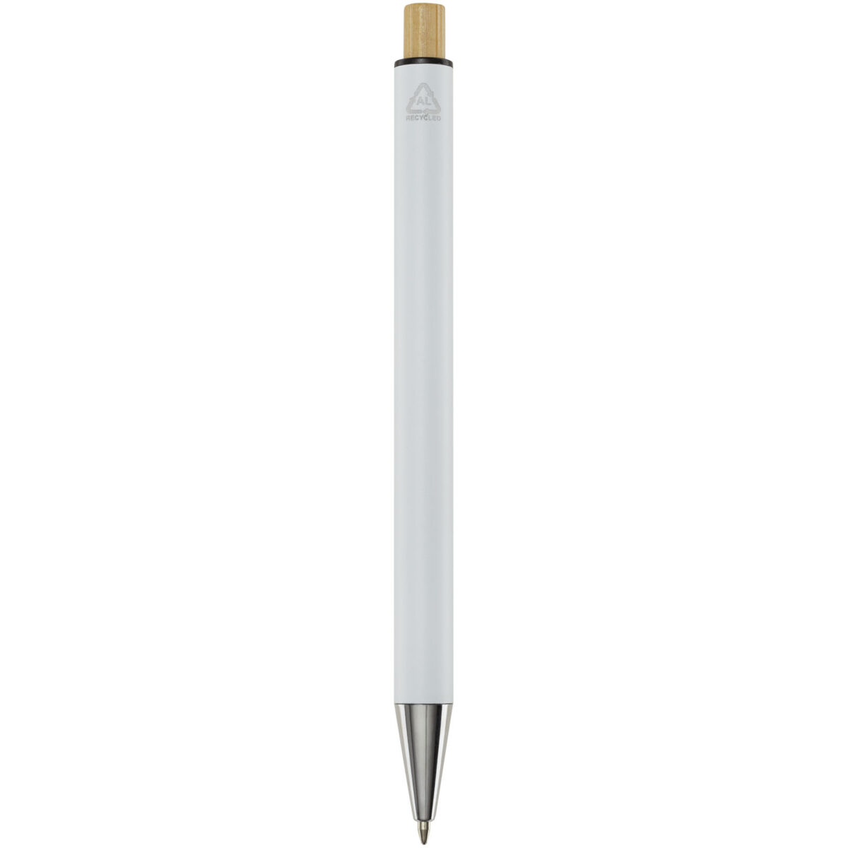 Cyrus recycled aluminium ballpoint pen (blue ink) – White back view