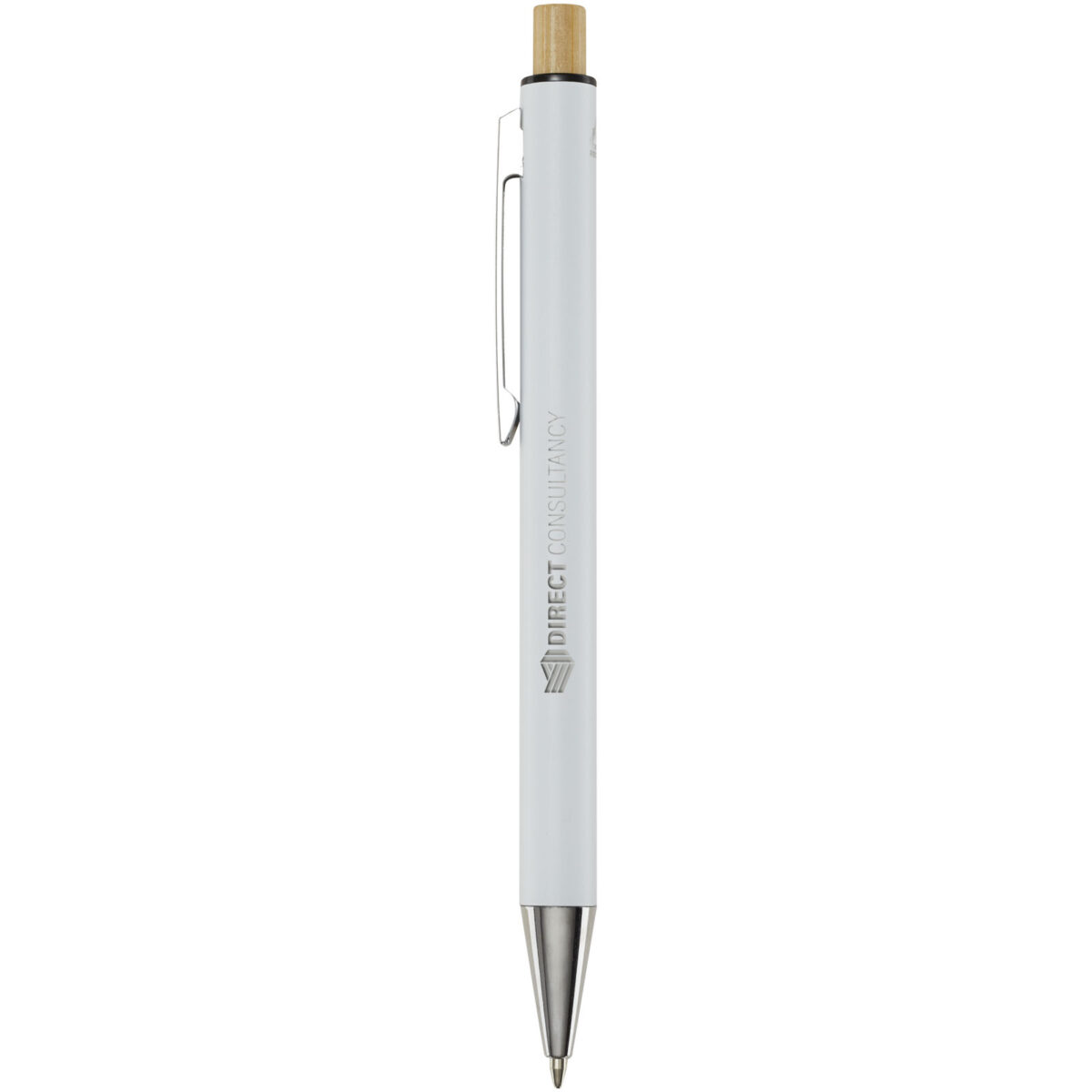 Cyrus recycled aluminium ballpoint pen (blue ink) – White with logo