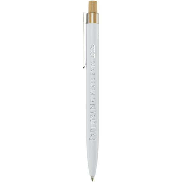 Nooshin recycled aluminium ballpoint pen (blue ink) – White with logo