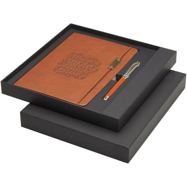 Legato A5 notebook and rollerball pen set (blue ink) – Brown with logo