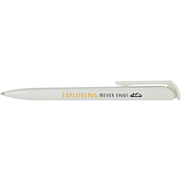 Lucia recycled plastic ballpoint pen (blue ink) – White with logo