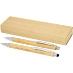 Oblys bamboo ballpoint pen and mechanical pencil set (black ink) – Natural with logo