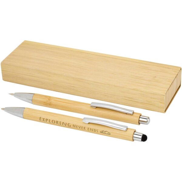 Oblys bamboo ballpoint pen and mechanical pencil set (black ink) – Natural with logo