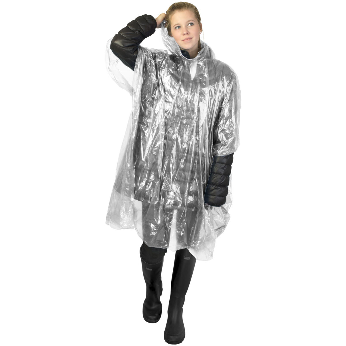 Mayan recycled plastic disposable rain poncho with storage pouch – White extra view
