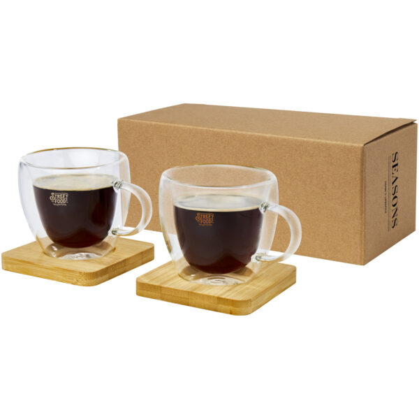 Manti 2-piece 100 ml double-wall glass cup with bamboo coaster – Transparent with logo