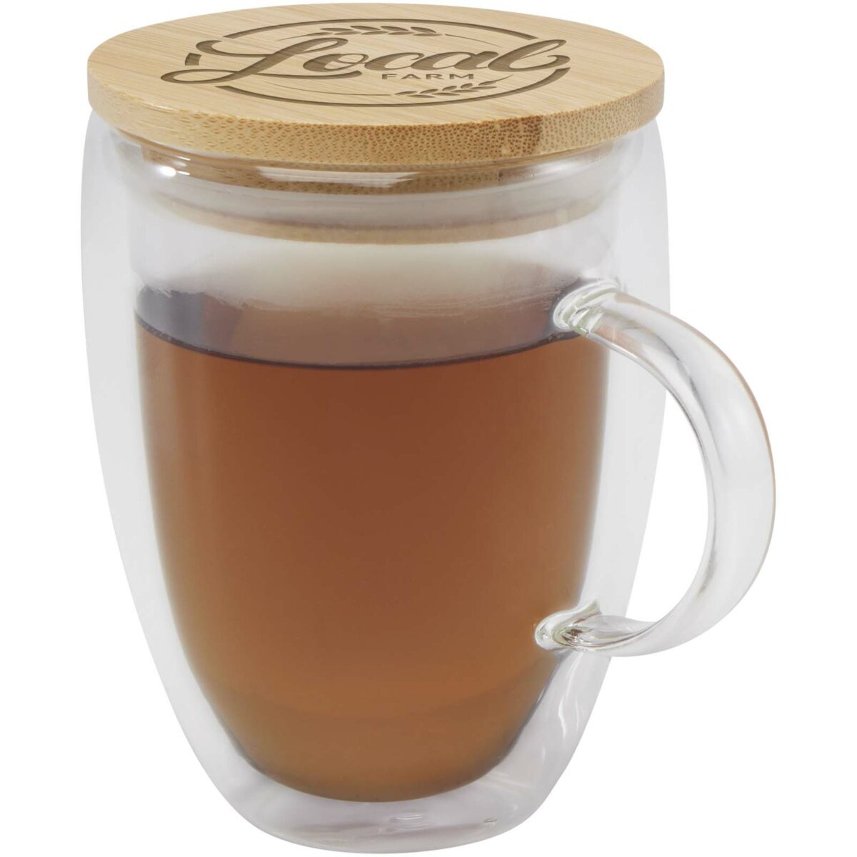 Leona 350 ml glass cup with bamboo lid – Transparent clear with logo