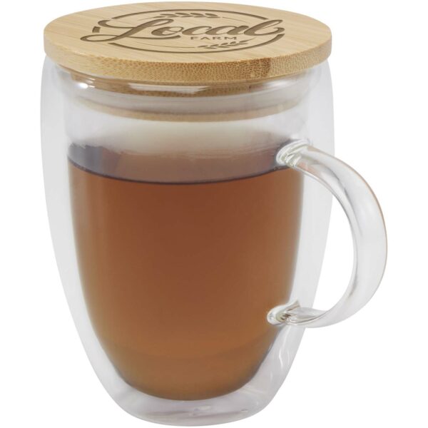 Leona 350 ml glass cup with bamboo lid – Transparent clear with logo