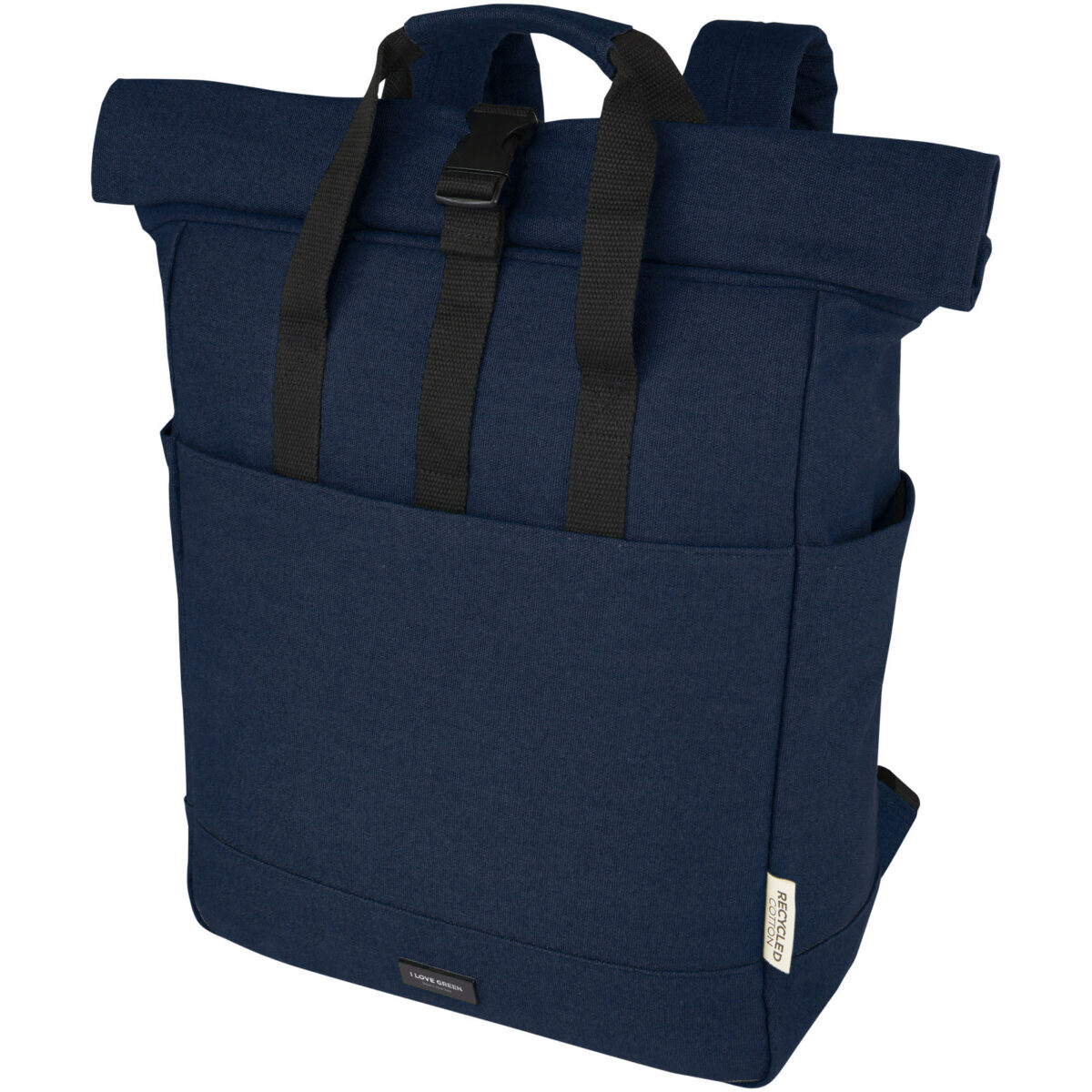 Joey 15” GRS recycled canvas rolltop laptop backpack 15L – Navy with logo