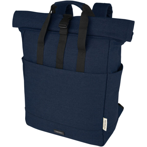 Joey 15” GRS recycled canvas rolltop laptop backpack 15L – Navy with logo
