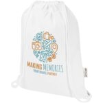 Oregon Blend 140 g/m² GRS recycled drawstring bag 5L – White with logo