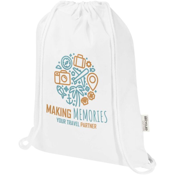Oregon Blend 140 g/m² GRS recycled drawstring bag 5L – White with logo