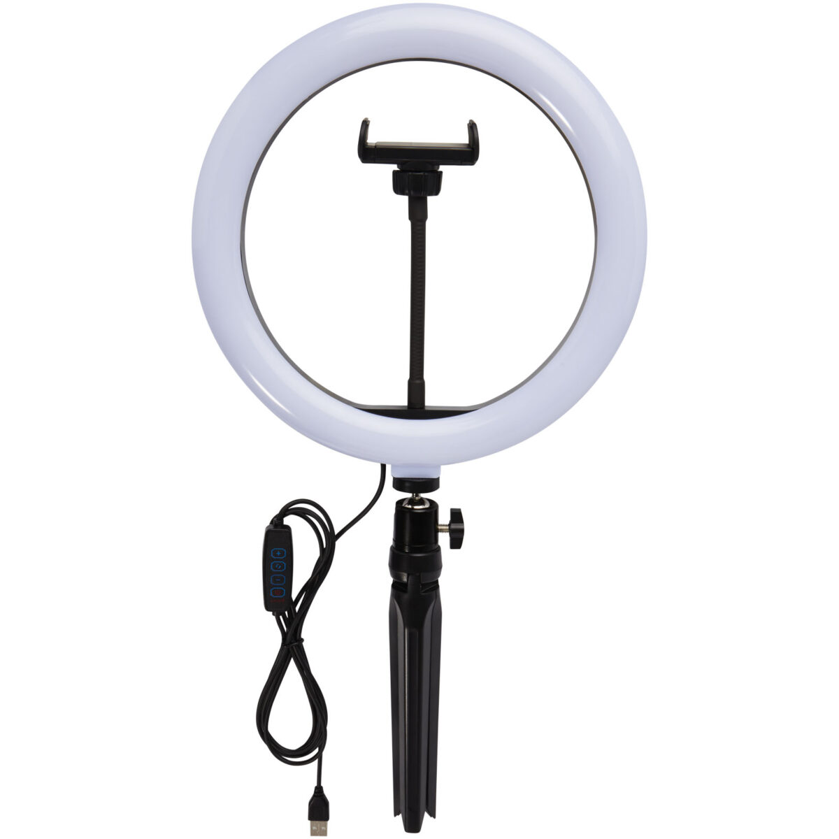 Studio ring light for selfies and vlogging with phone holder and tripod – Solid black front view