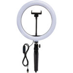 Studio ring light for selfies and vlogging with phone holder and tripod – Solid black front view