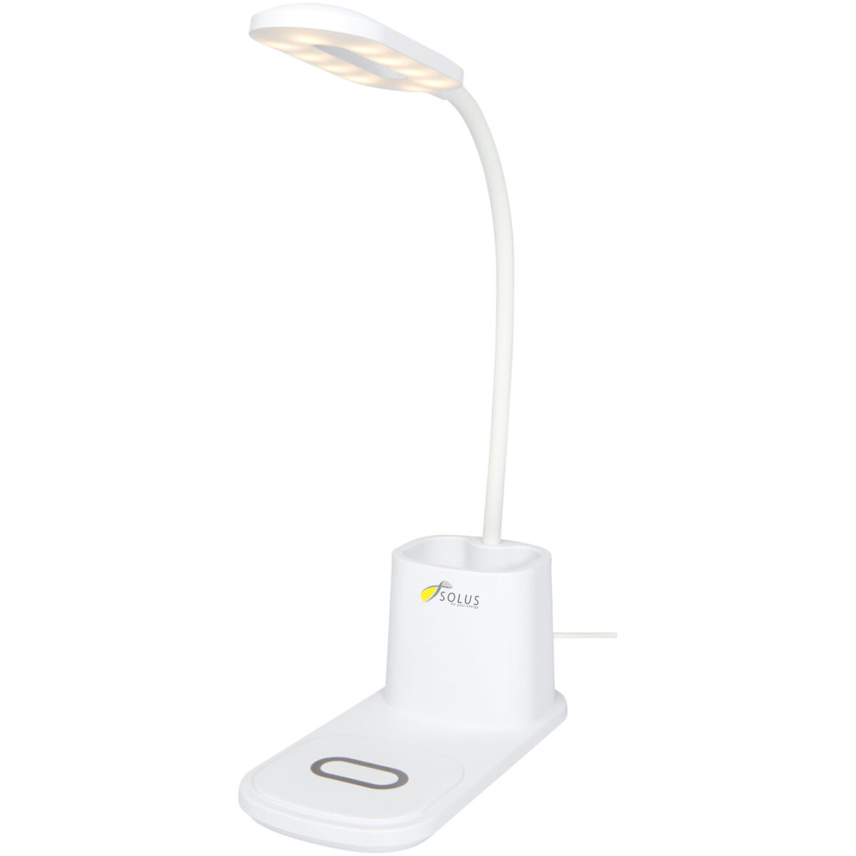 Bright desk lamp and organizer with wireless charger – White with logo