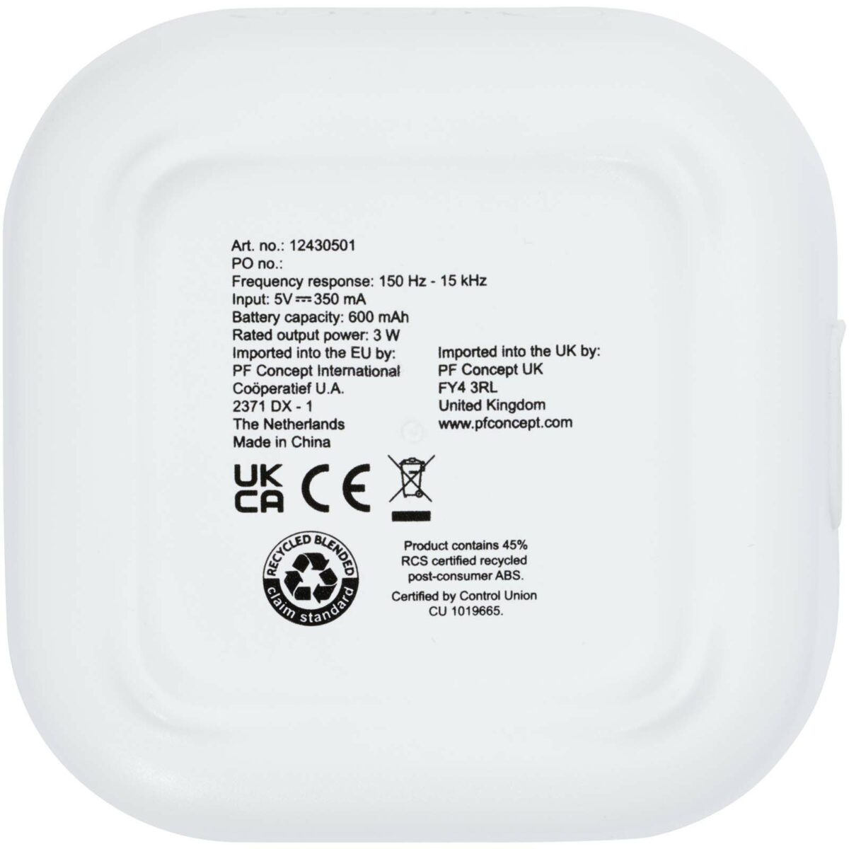 Stark 2.0 3W mini RCS recycled plastic Bluetooth® speaker – White back view