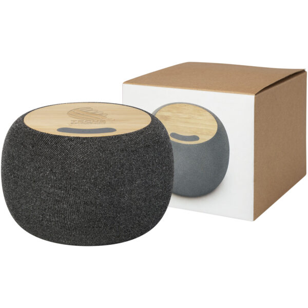 Ecofiber bamboo/RPET Bluetooth® speaker and wireless charging pad – Natural with logo