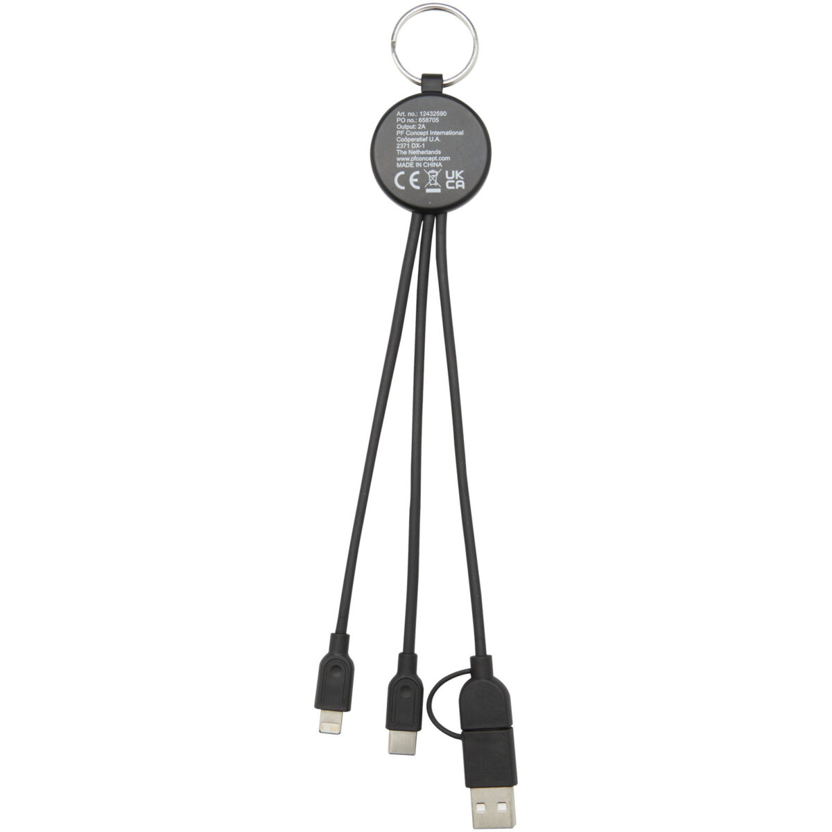 Tecta 6-in-1 recycled plastic/bamboo charging cable with keyring – Solid black back view