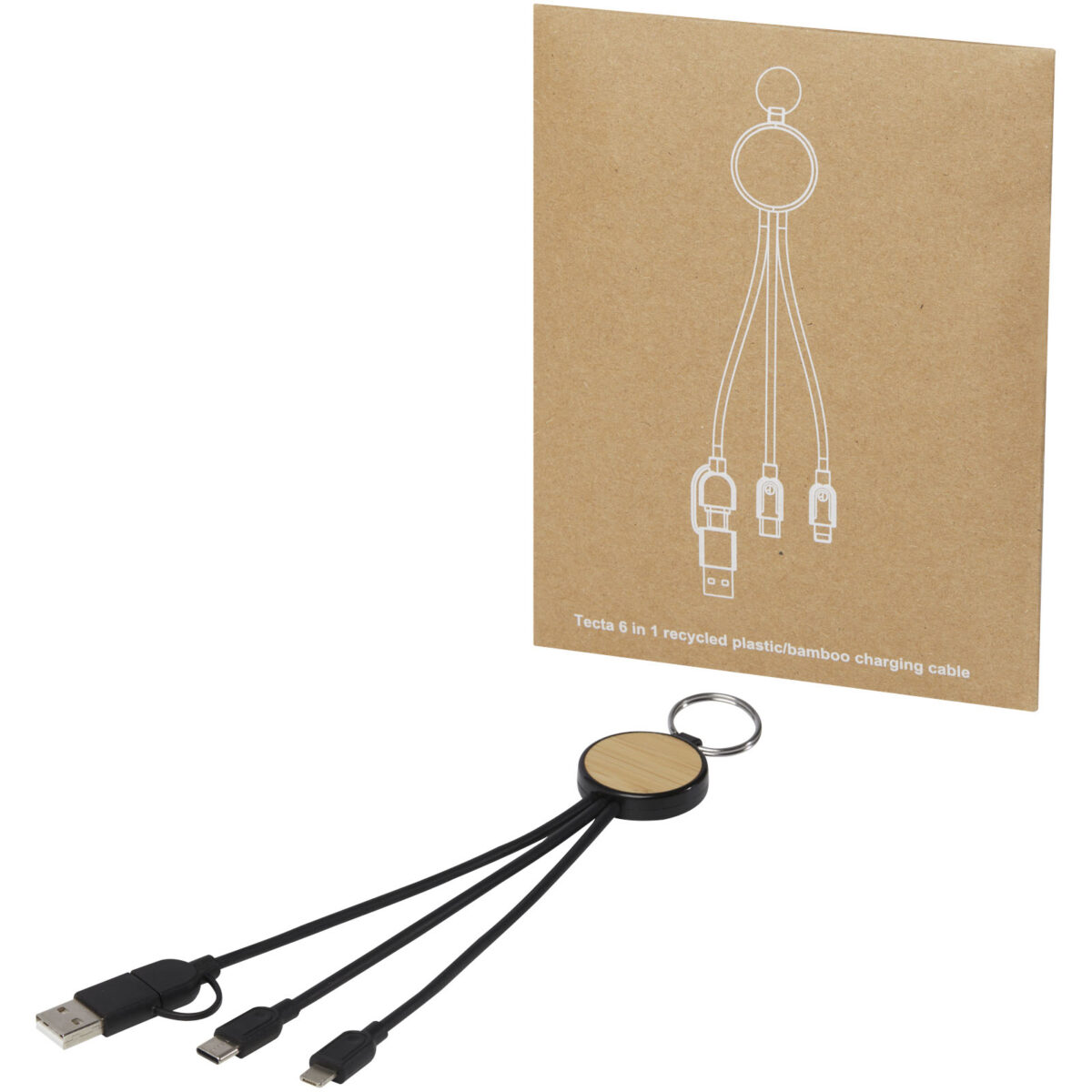 Tecta 6-in-1 recycled plastic/bamboo charging cable with keyring – Solid black extra view